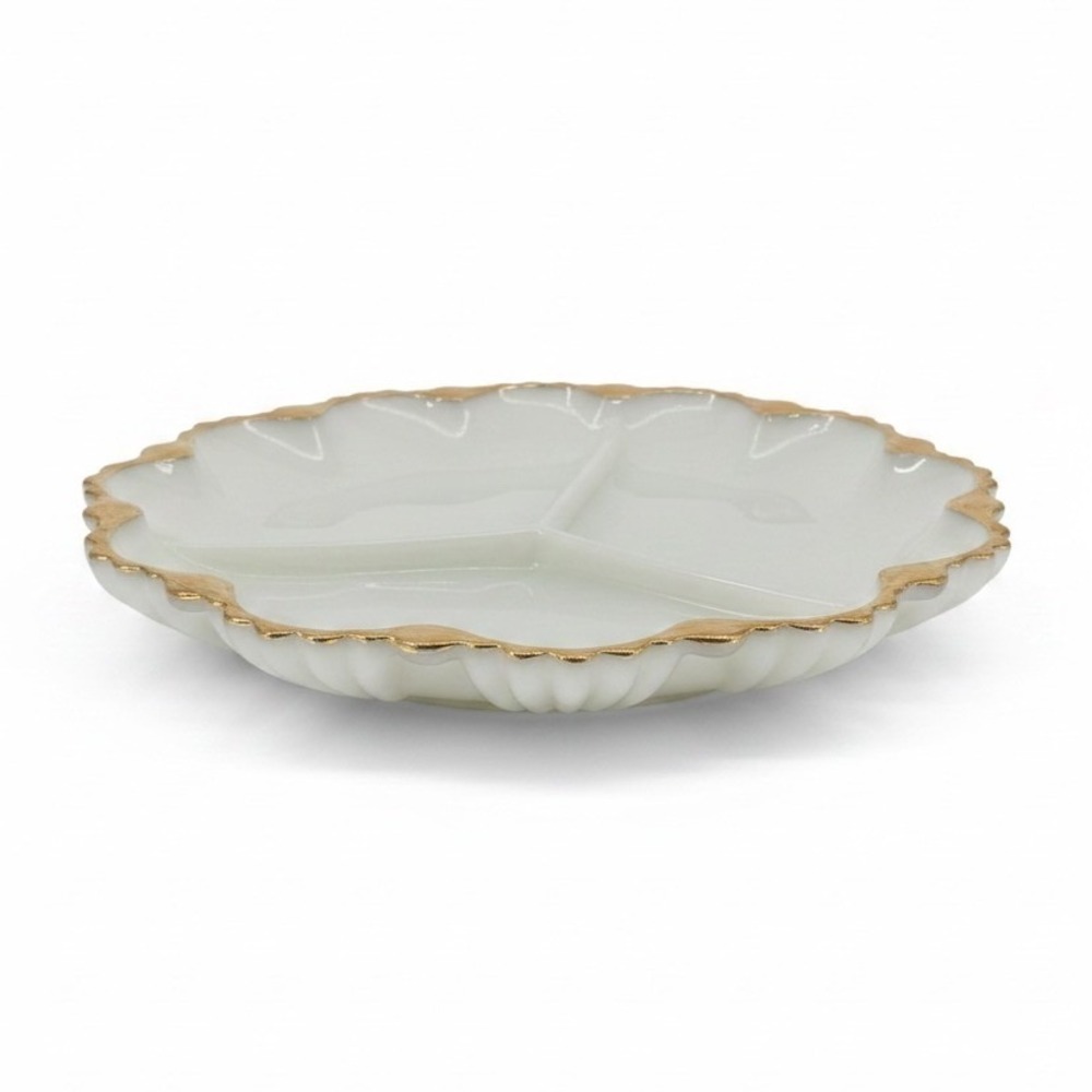 Vintage Fire-King Milk Glass Divided Relish Dish White Gold Rim Scalloped 1950s